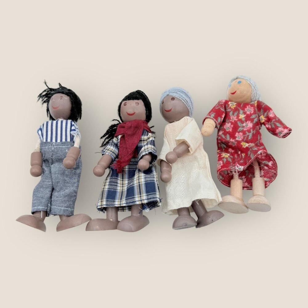 Lot Of Wooden Family Dolls With Yarn Hair & Fabric Clothes